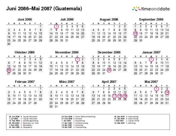 Kalender für 2086 in Guatemala
