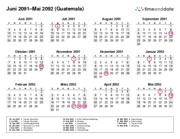 Kalender für 2091 in Guatemala