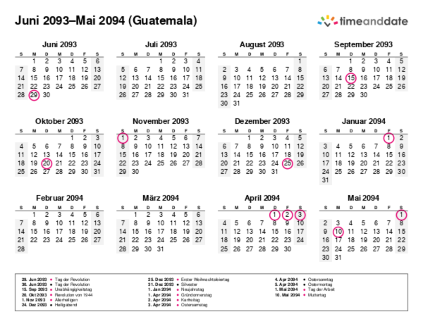 Kalender für 2093 in Guatemala