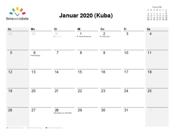 Kalender für 2020 in Kuba