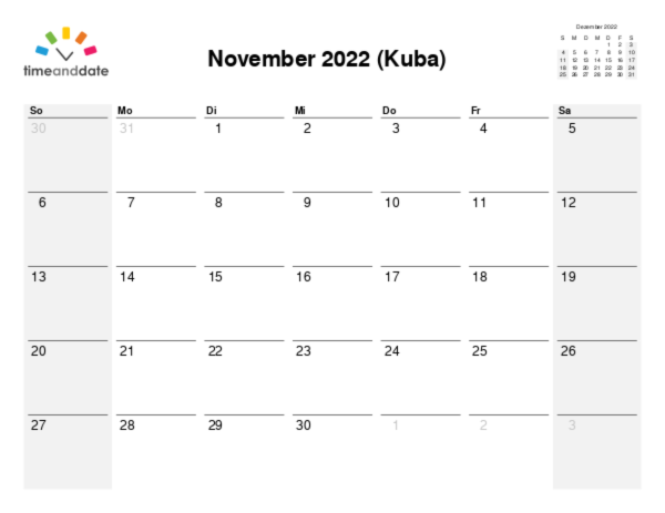 Kalender für 2022 in Kuba