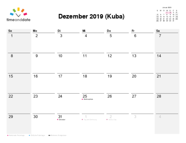 Kalender für 2019 in Kuba