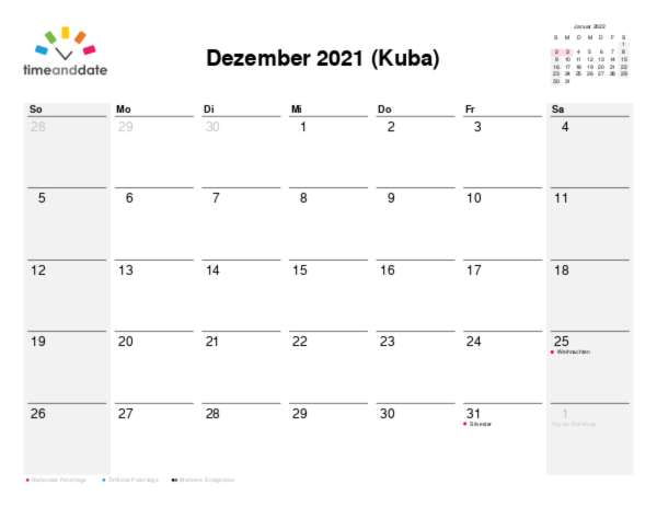Kalender für 2021 in Kuba