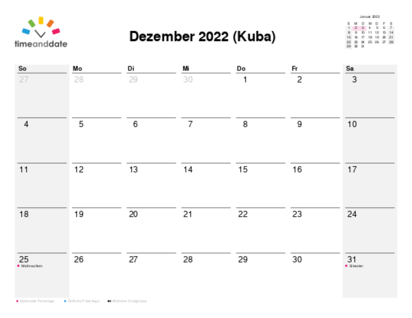 Kalender für 2022 in Kuba
