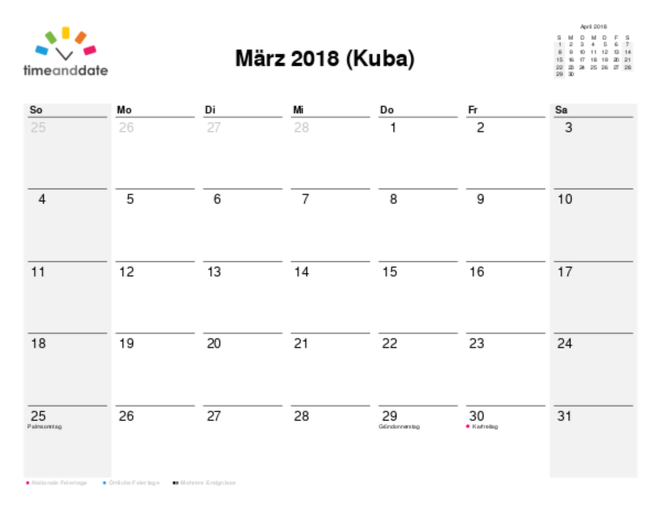 Kalender für 2018 in Kuba
