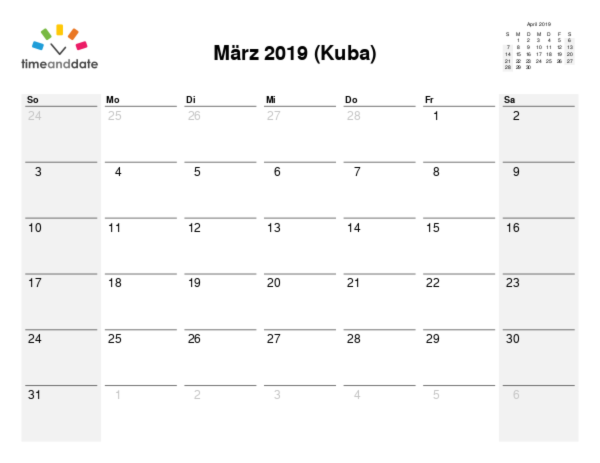 Kalender für 2019 in Kuba