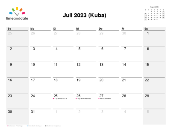 Kalender für 2023 in Kuba