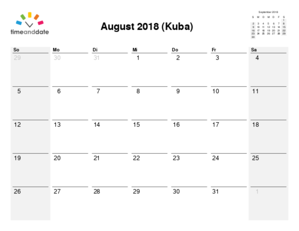 Kalender für 2018 in Kuba