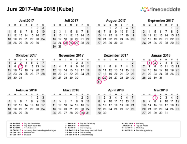 Kalender für 2017 in Kuba