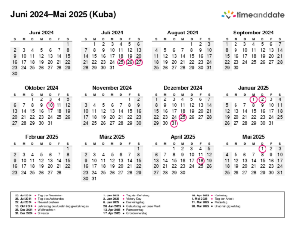 Kalender für 2024 in Kuba