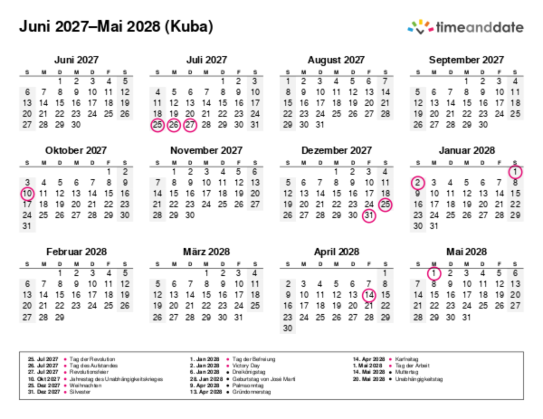 Kalender für 2027 in Kuba