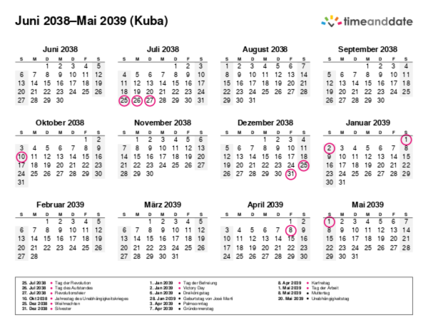 Kalender für 2038 in Kuba