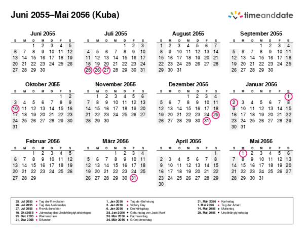 Kalender für 2055 in Kuba