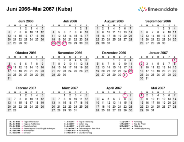 Kalender für 2066 in Kuba