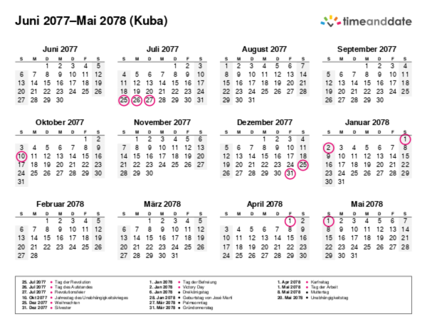 Kalender für 2077 in Kuba