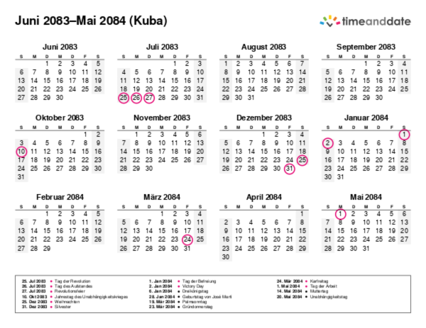 Kalender für 2083 in Kuba