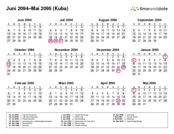 Kalender für 2094 in Kuba