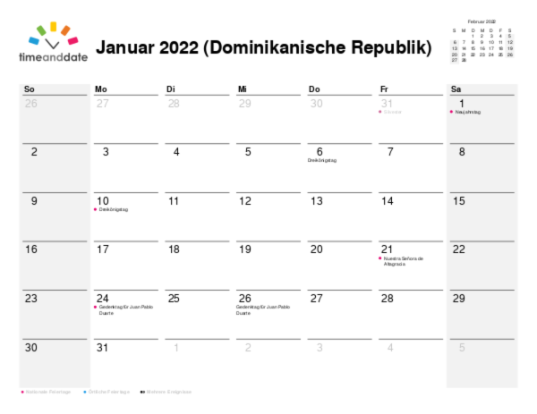 Kalender für 2022 in Dominikanische Republik