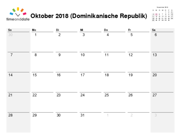 Kalender für 2018 in Dominikanische Republik