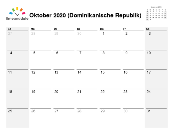 Kalender für 2020 in Dominikanische Republik