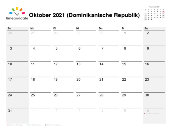 Kalender für 2021 in Dominikanische Republik