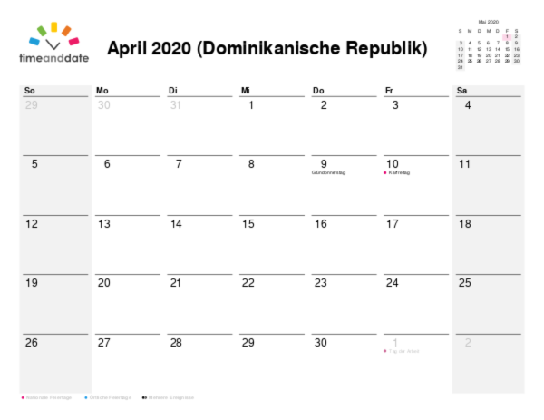 Kalender für 2020 in Dominikanische Republik