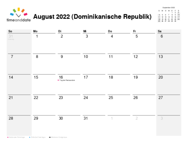 Kalender für 2022 in Dominikanische Republik
