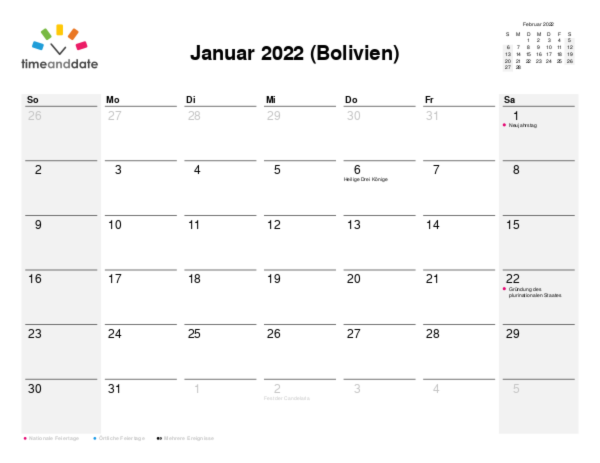 Kalender für 2022 in Bolivien