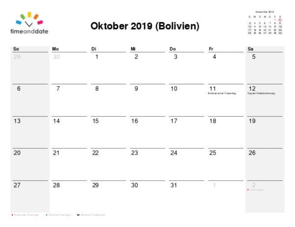 Kalender für 2019 in Bolivien