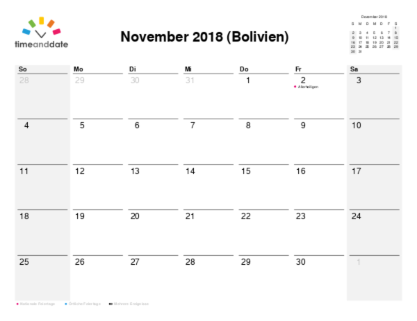Kalender für 2018 in Bolivien