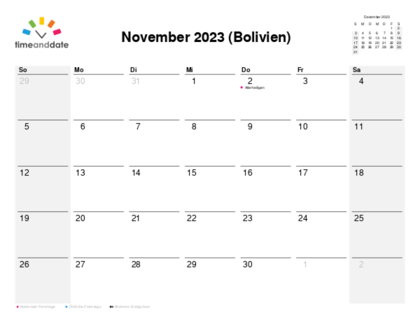 Kalender für 2023 in Bolivien