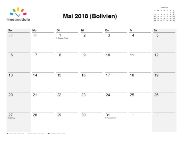 Kalender für 2018 in Bolivien