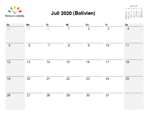 Kalender für 2020 in Bolivien