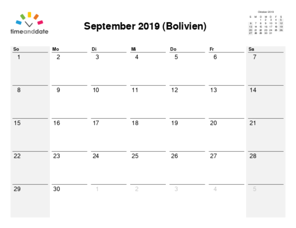 Kalender für 2019 in Bolivien