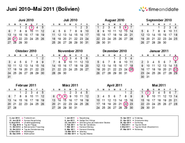 Kalender für 2010 in Bolivien