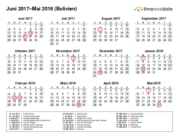 Kalender für 2017 in Bolivien