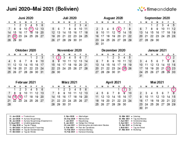 Kalender für 2020 in Bolivien