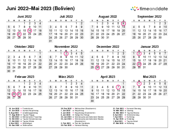 Kalender für 2022 in Bolivien