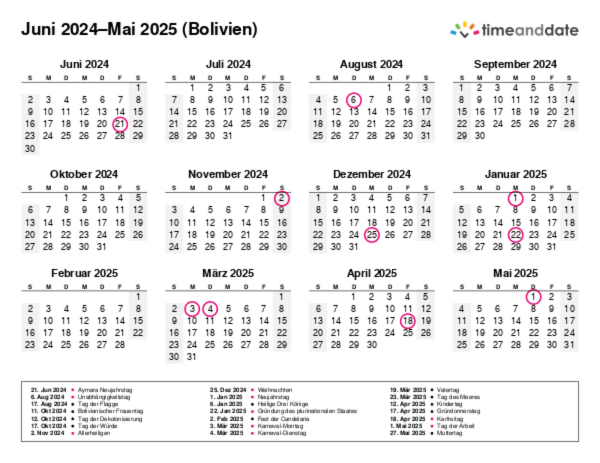 Kalender für 2024 in Bolivien