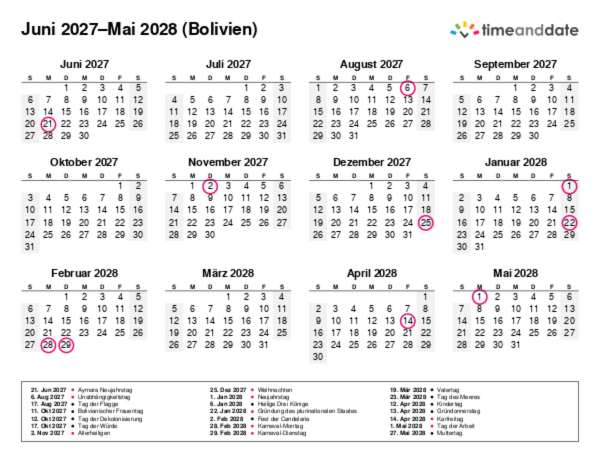 Kalender für 2027 in Bolivien