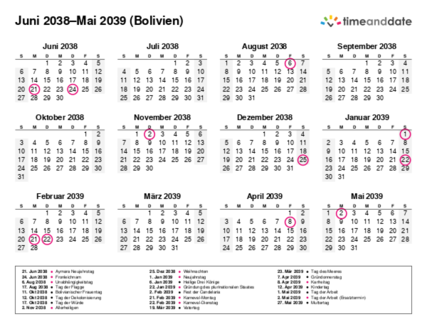 Kalender für 2038 in Bolivien