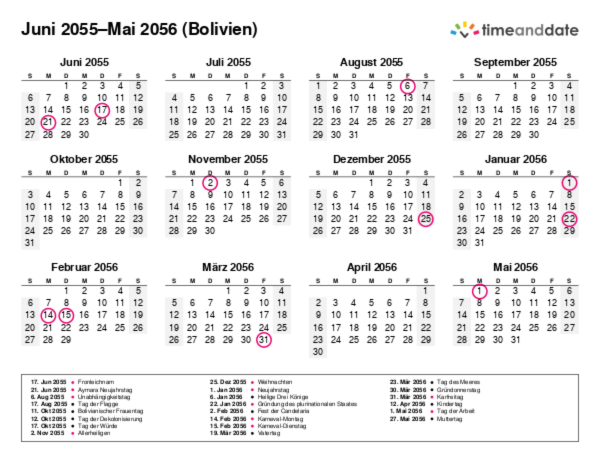 Kalender für 2055 in Bolivien