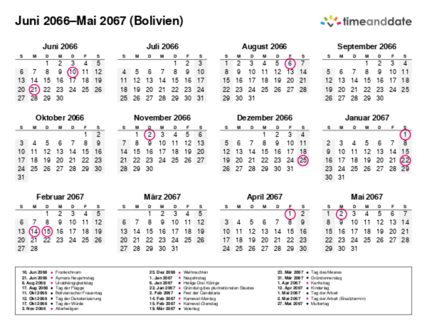 Kalender für 2066 in Bolivien