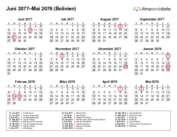 Kalender für 2077 in Bolivien