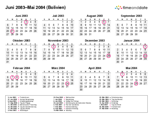 Kalender für 2083 in Bolivien