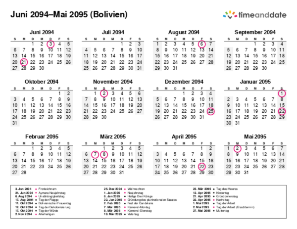 Kalender für 2094 in Bolivien