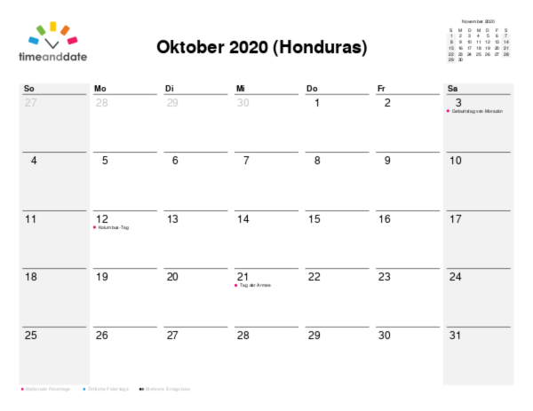 Kalender für 2020 in Honduras