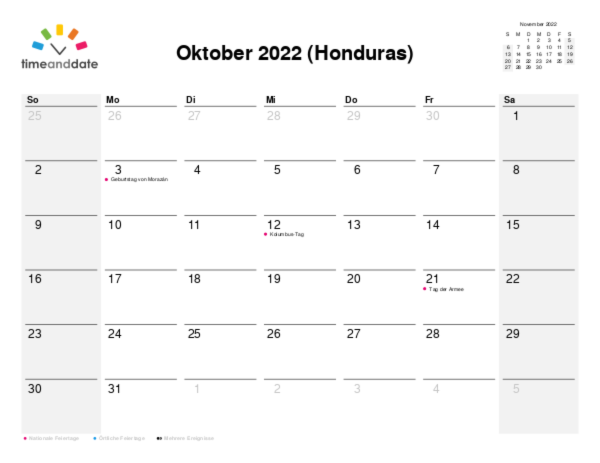 Kalender für 2022 in Honduras