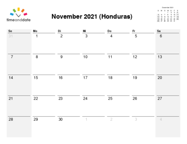Kalender für 2021 in Honduras