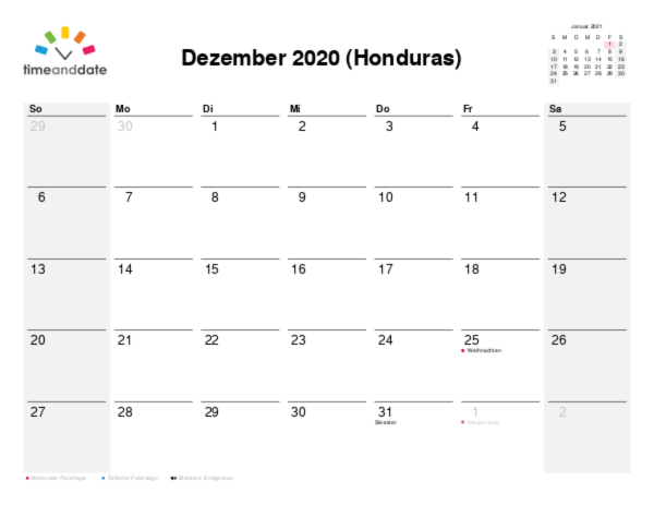 Kalender für 2020 in Honduras